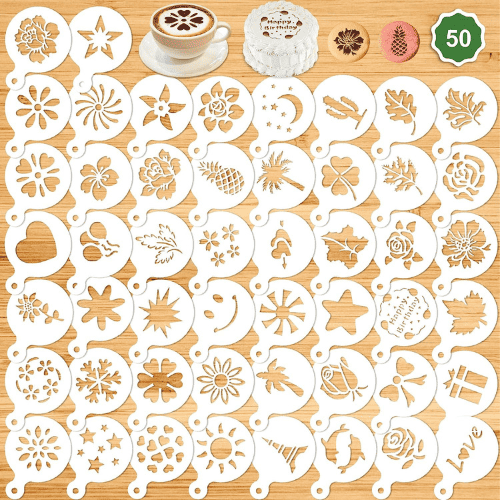 36 coffee Decorating Stencils + 2 Stainless Steel Mesh Powder Shaker,  Magnoloran Foam Latte Art Stencils Barista Templates for D